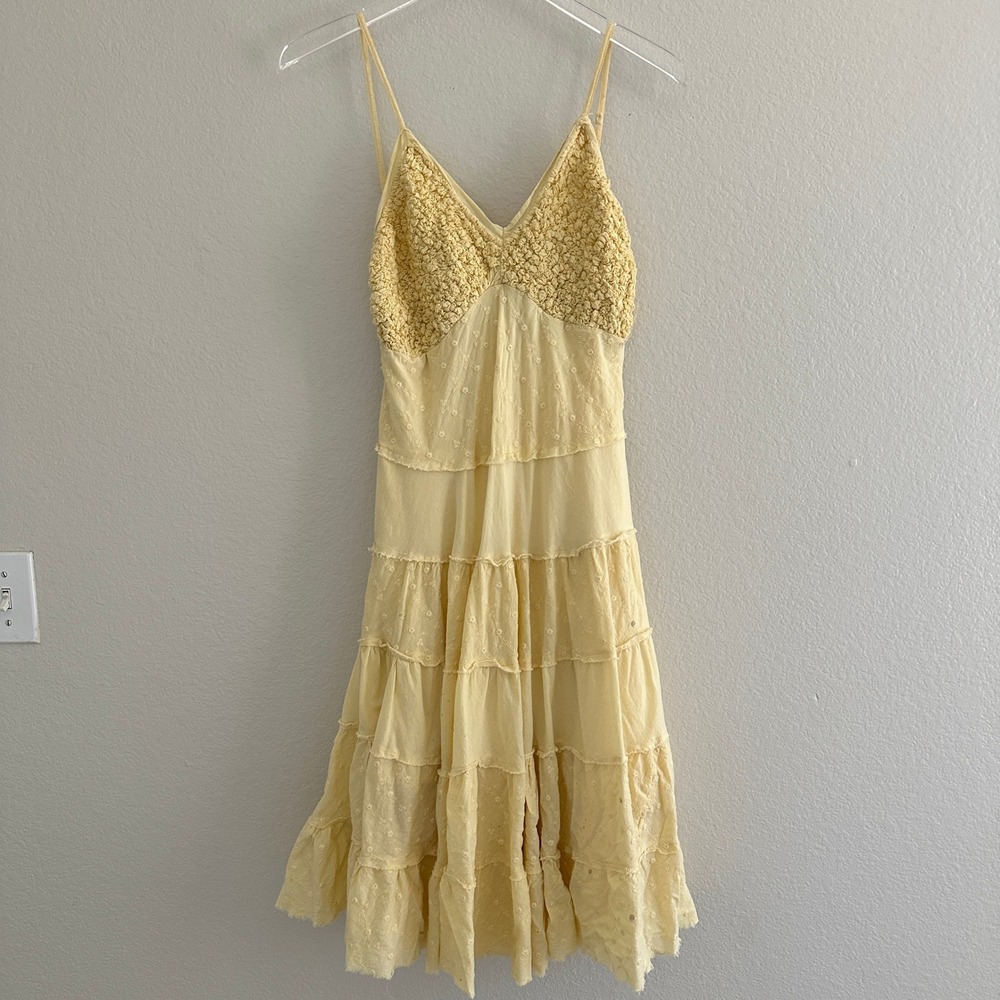 Moon Tiered Eyelet Midi Dress Womens M Yellow Boho Smocked Cotton MD0012